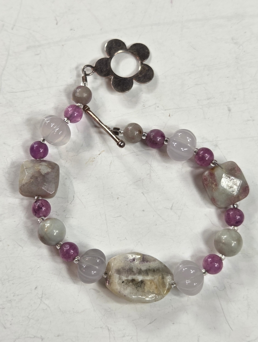 amethyst Multi-Stone Bracelet with 925 Flower Toggle Lavender & Pink Beads